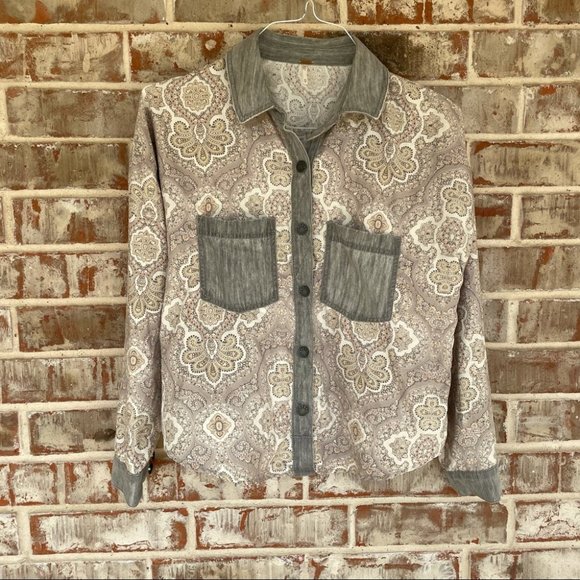 Free People Center Front Paisley Denim Pocket Silky Button Down oversized top XS - Picture 1 of 13